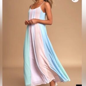 Lulus Days to Remember Light Blue Multi Striped Maxi Dress Size Small